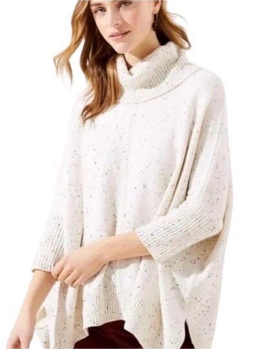 LOFT Off White Multicolor Fleck Poncho Sweater Cowl Neck Medium